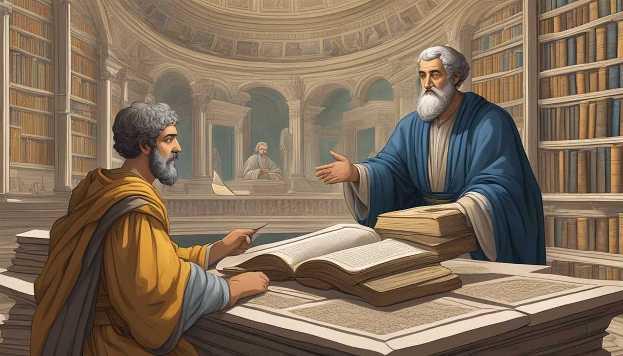 Aristotle lecturing on philosophy to a young student, surrounded by scrolls and ancient texts