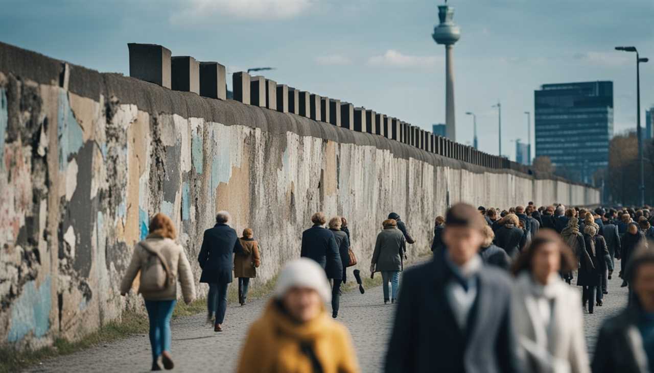 A crumbling Berlin Wall, with people joyfully crossing from East to West, symbolizing the end of the Cold War and Germany's road to reunification