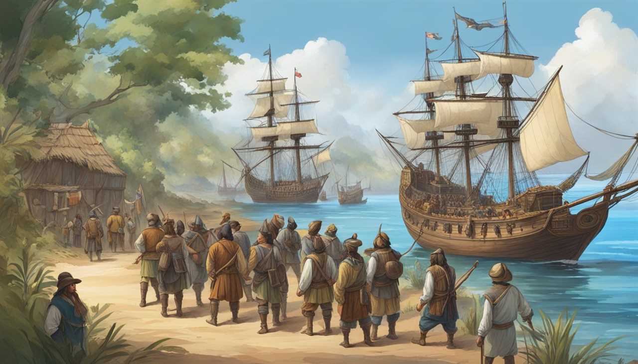 European ships arrive, trading goods with Native tribes. Colonists establish settlements, tensions rise with rival European powers. Natives navigate complex alliances and conflicts
