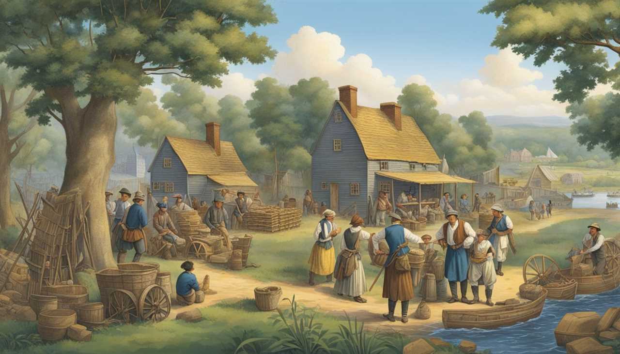 The 13 colonies timeline unfolds with settlers building homes, farming, and trading goods. Ships arrive, bringing new settlers and supplies. Tensions rise as colonists seek independence from British rule