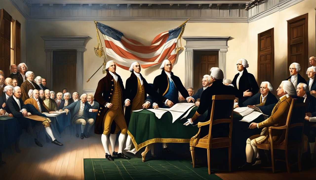 The 13 colonies unite, signing the Declaration of Independence in 1776. The American flag is raised, symbolizing the birth of a new nation
