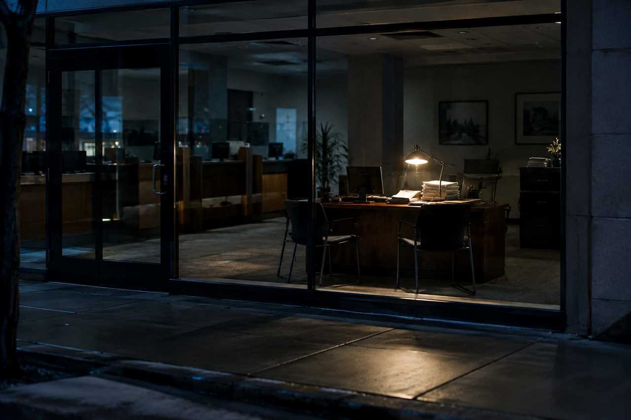 Bank branch office lit late at night, empty