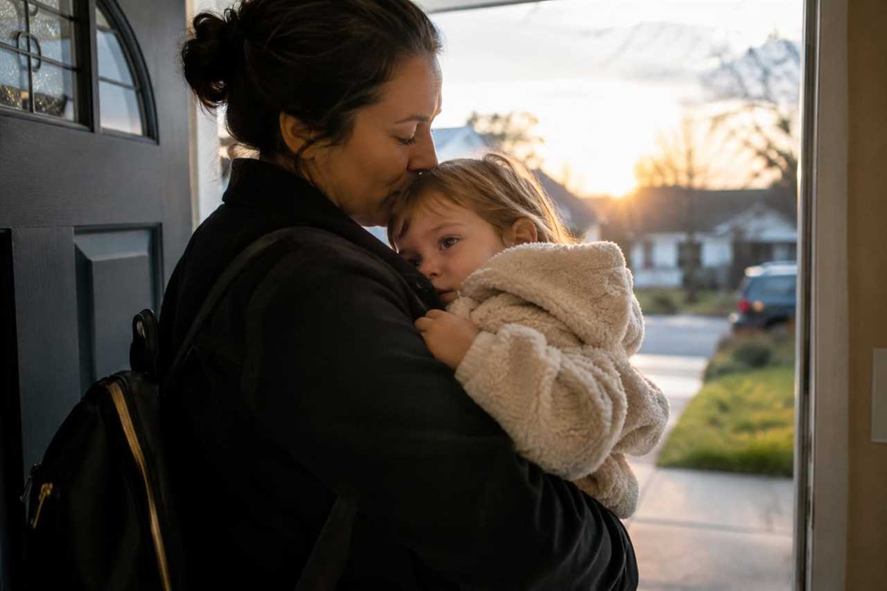 A parent says goodbye to a child at dawn