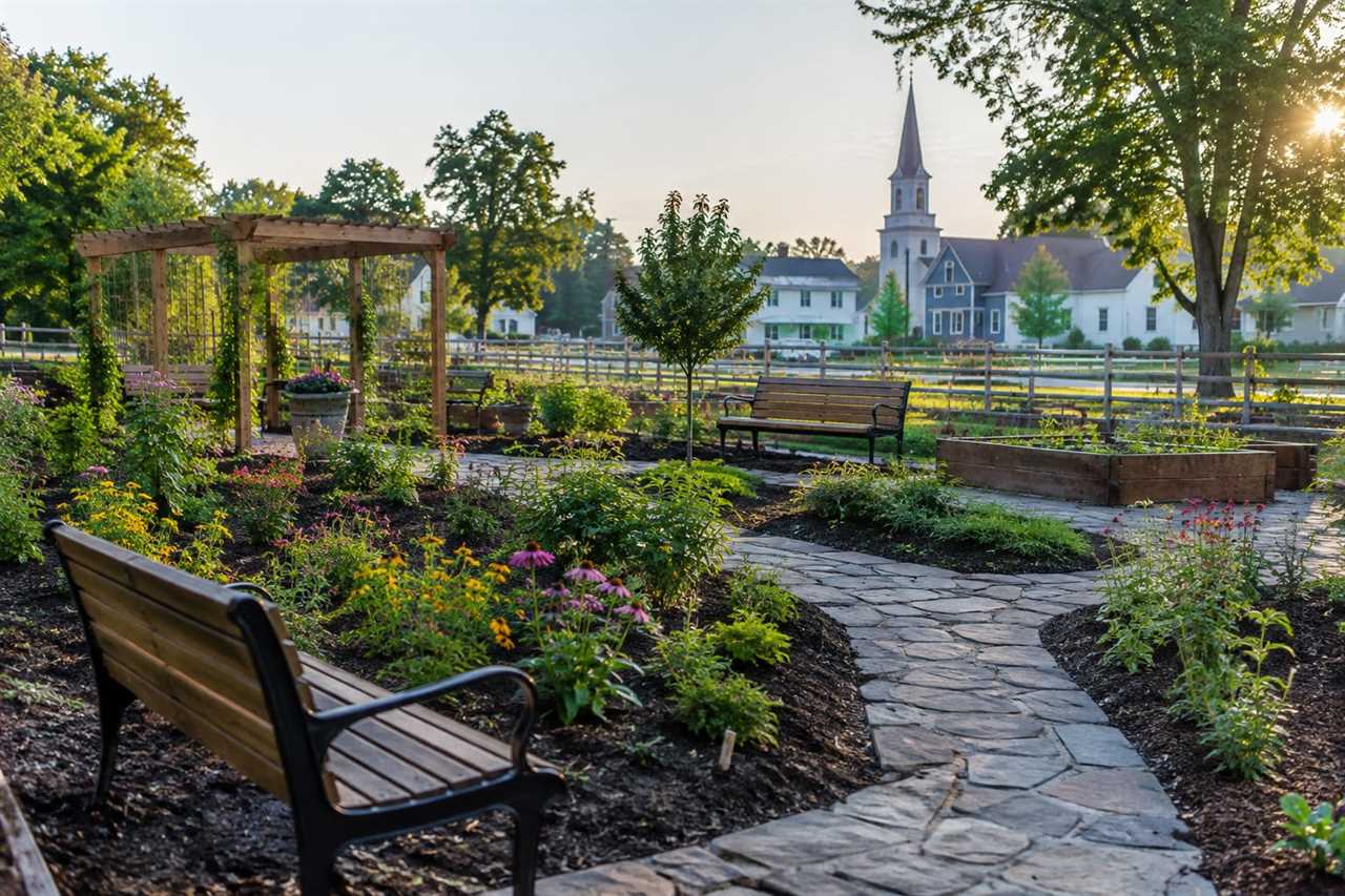 Community healing garden with new plantings and benches.