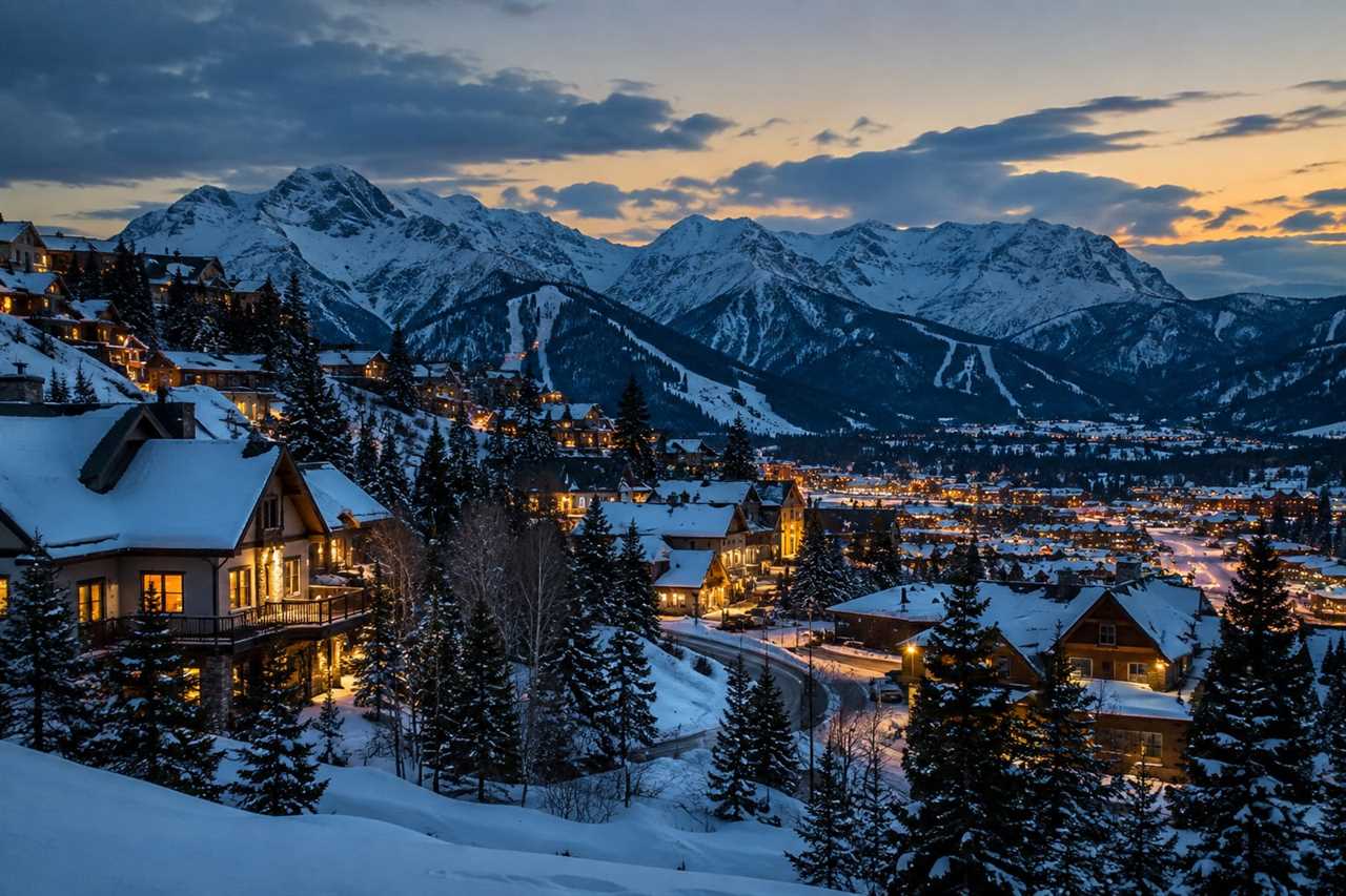 Mountain town at dusk, lights glowing in windows