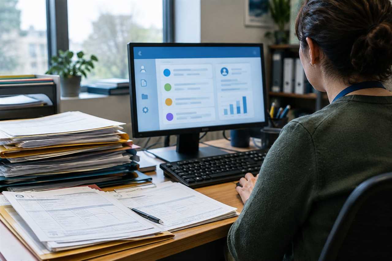 Paperwork and a computer screen for benefits processing