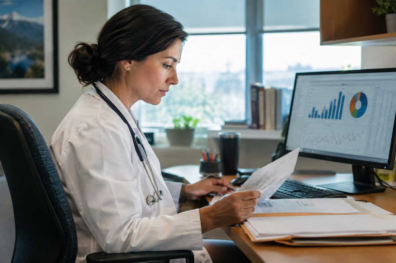 A doctor reviews workload data at a desk
