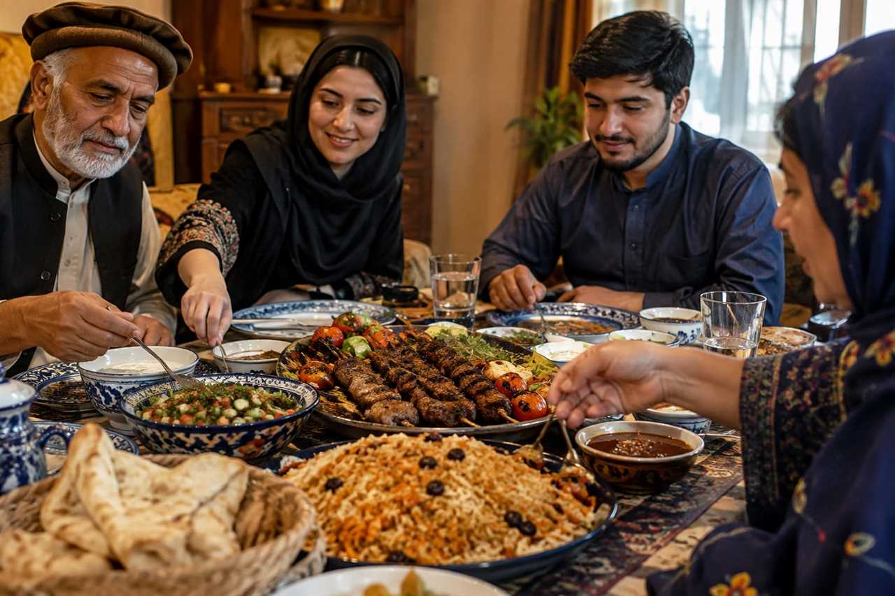 Traditional kebabs shared at a family dinner table