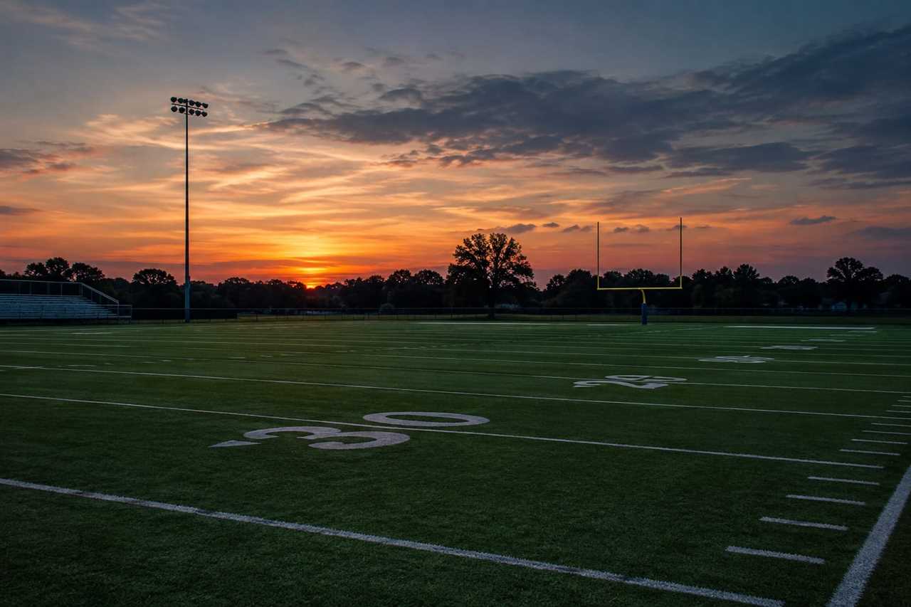 Football field at dusk, symbol of routine