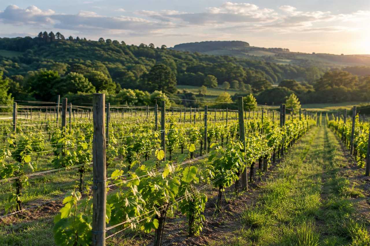 Young vines planted in rows across rolling countryside.