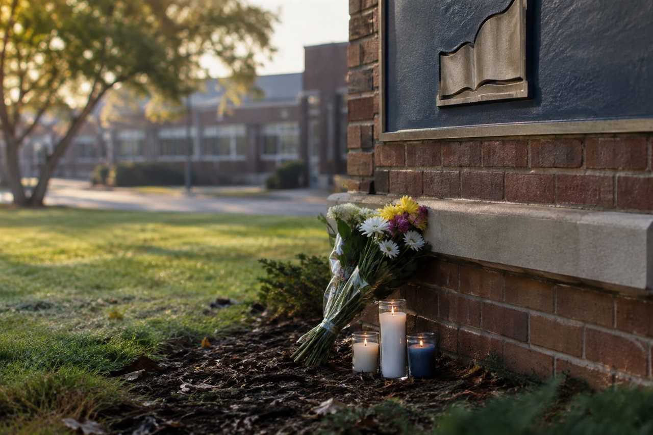 Flowers and candles left outside a school