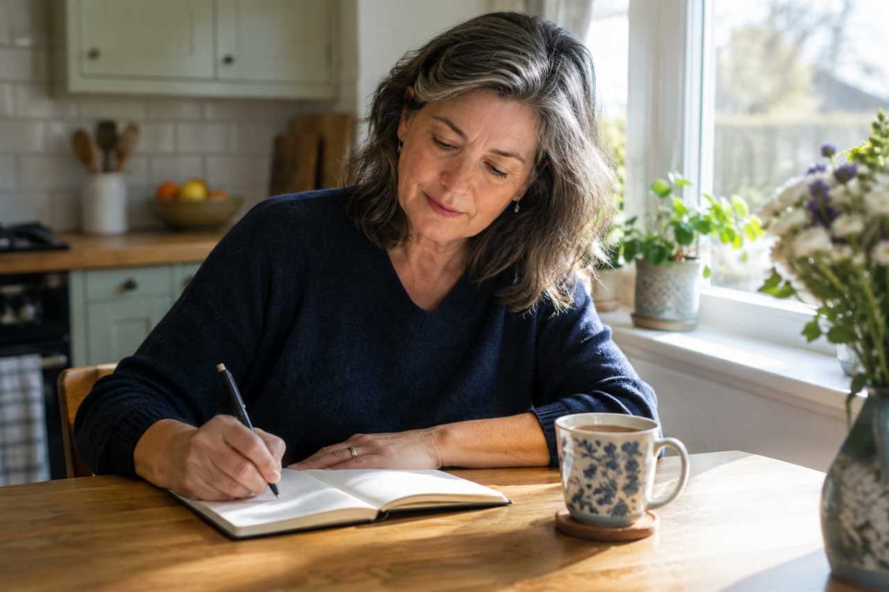 Woman reflecting and writing at a quiet table