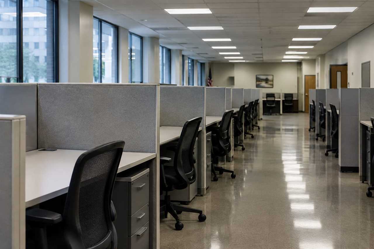 Empty state office desks amid return-to-office dispute