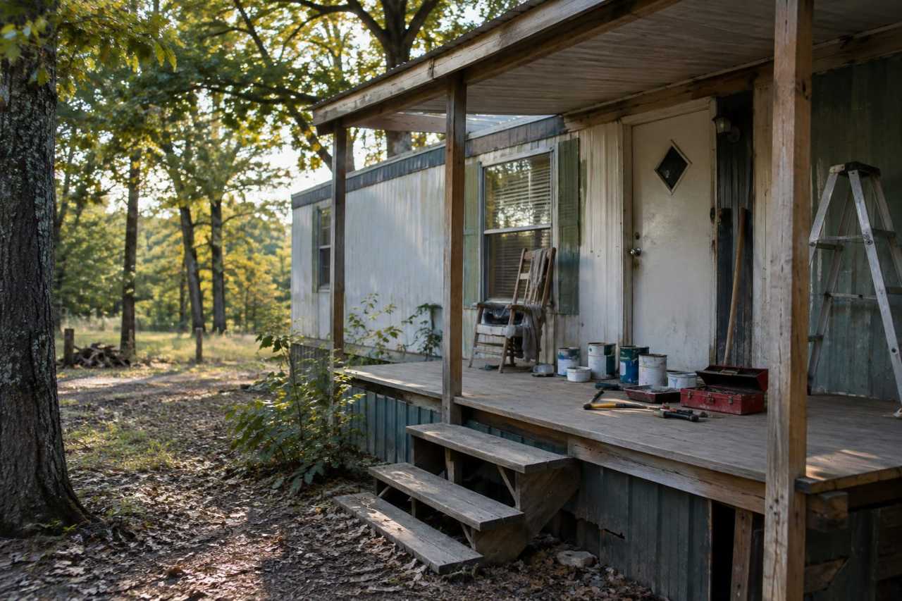 A fixer-upper trailer home in a wooded setting